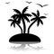 Silhouette of three palm trees on an island and around a seagull