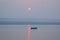 Silhouette tourist boats at Ganges river in Varanasi, India