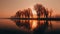 Silhouette of tree reflects tranquil sunset over serene waterscape generated by AI