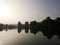 Silhouette of trees in fog. Tree reflection in the lake. Autumnal depression, anxiety