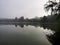 Silhouette of trees in fog. Tree reflection in the lake. Autumnal depression, anxiety