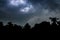 A silhouette of trees and houses with sky full of dark clouds above. Calmness before the storm