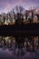 Silhouette of trees at sunset with reflection in water of pond in rural Indiana