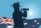 Silhouette of a trumpet soldier against the background of the stars of the Australian flag and the place of memory of the past war