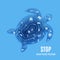 Silhouette of a turtle cut out of paper and stop ocean pollution banner. Craft underwater ocean deep cave with plastic