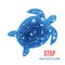 Silhouette of a turtle cut out of paper and stop ocean pollution banner. Craft underwater ocean deep cave with plastic