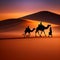Silhouette of two camels and three persons journey on camels