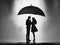 Silhouette of two enamored with umbrella under the rain, illustration