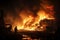 Silhouette of two firemen fighting a raging fire with huge flames of burning scrap