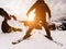 Silhouette of two friends with snowboard and ski on snow high mountains - Young athlete having fun at white week - Winter extreme