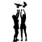 Silhouette of two girls lets go of the dove into the sky