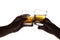 Silhouette of two hands toasting whiskey on the rock with white background