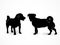 Silhouette of two small standing dogs Jack Russell Terrier. A front and side view of the pets on white background