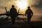 Silhouette of two soldiers standing on the runway at sunset. Military pilots are walking on a takeoff ground, AI Generated