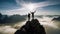 Silhouette of two travelers or hikers standing and raise their hands together on the top of mountain and enjoys the moment of