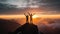 Silhouette of two travelers or hikers standing and raise their hands together on the top of mountain with a morning sky and