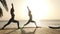 Silhouette of two women practice warrior yoga posture at seaside in sunshine