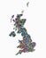 The silhouette of the United Kingdom of Britain composed of colorful squares to illustrate diversity
