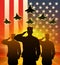 Silhouette of US soldiers saluted.