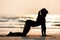 Silhouette Vacation of Asian woman relaxing in yoga Cat pose on sand and beach