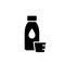 Silhouette vial with drop icon. Bottle of liquid medicine, measuring cup. Outline emblem of cough syrup, laxative, tincture. Black