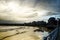 Silhouette view of buildings along San Lorenzo beach in Gijon, Asturias Spain