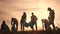 Silhouette volunteers collect plastic. Group team people collect plastic bottles sunset together. Environmental