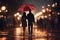 Silhouette of walking couple under umbrella in the night. Love in the rain, romantic scene