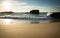 Silhouette of war blockhouse on scenic beautiful sandy beach seascape with breaking waves on atlantic coast