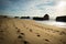 Silhouette of war blockhouse on scenic beautiful sandy beach seascape with waves on atlantic ocean