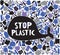 The silhouette of a whale is surrounded by plastic trash. Inscription stop plastic