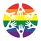 Silhouette of white hands on circle rainbow colored background. LGBTQI concept.