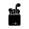 Silhouette wifi headphones with charge case. Outline icon of wireless earphones. Black illustration of bluetooth accessory for