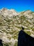 Silhouette of wild goat standing on steep rock in the mountains