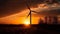 Silhouette of windmill turning blades harnessing renewable energy at dusk generated by AI