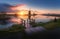 Silhouette of windmills at sunrise in Kinderdijk, Netherlands