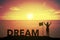 Silhouette of winning success woman at sunset or sunrise standing and raising up hand near flag with text DREAM