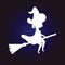 Silhouette witch in hat flying on broom dark blue sky background. Vector art witch on broomstick in night sky. Halloween