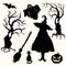Silhouette witch, pumpkin lantern, ghost, trees, cat, broom and