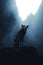 Silhouette of a wolf in a foggy dark fantasy forest.