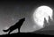 Silhouette of a wolf standing on a hill at night with moon