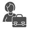 Silhouette of woman and briefcase solid icon. Female candidate portfolio glyph style pictogram on white background