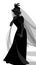 Silhouette of woman dressed in veils and ancient widow clothes carrying a sprig of flowers in one hand.