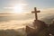 Silhouette of woman hand holding holy lift of christian cross with light sunset background