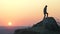Silhouette of a woman hiker climbing alone on big stone at sunset in mountains. Female tourist raising her hands up on high rock i