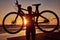 Silhouette of a woman holds a bicycle on a sea coast on a sunset background.