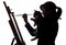 Silhouette of woman painting a picture on easel, a profile of a girl holding brush and cat in the hands, concept art and pets