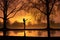 silhouette of a woman practicing tai chi in a tranquil park at dawn