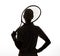 Silhouette, woman and racket in studio for tennis, sports competition and contest on white background from the back