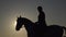 Silhouette of a woman riding a horse in the background sunset. Slow motion